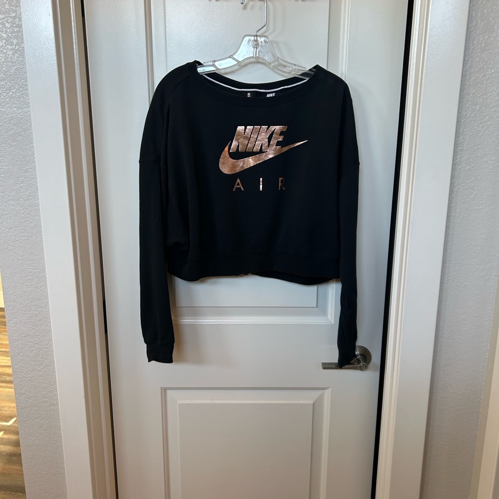 Nike Air Women's Black Cropped Sweatshirt with Rose Gold Lettering Soze L